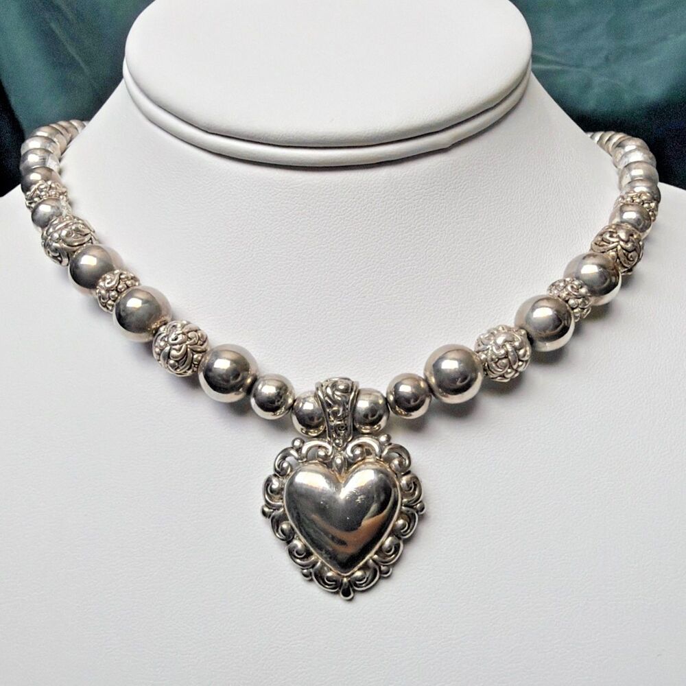 Chunky Beaded Heart Necklace, Silver Tone 16 - 18” Vintage Brighton Style Choker